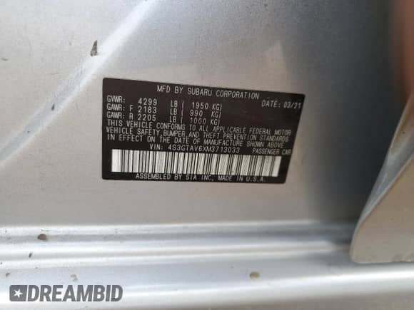 2021 Subaru Impreza Premium with VIN 4S3GTAV6XM3713033, listed as a Copart auction lot 65137425 with 18,972 mi miles and Salvage title. Bid and sale history available at DreamBid. Image 14.