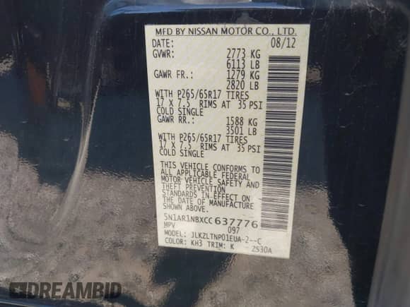 2012 Nissan Pathfinder SV with VIN 5N1AR1NBXCC637776, listed as a IAAI auction lot 43360566 with 149,698 mi miles and . Bid and sale history available at DreamBid. Image 9.
