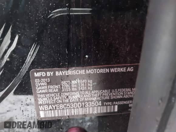 2013 BMW 7 Series 750Li с VIN WBAYE8C53DD133504, выставлен на аукционе IAAI как лот 42005346 с пробегом 142 894 миль миль и . История ставок и продаж доступна на DreamBid. Изображение 9.