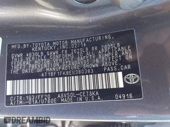 2014 Toyota Camry L with VIN 4T1BF1FK8EU380383, listed as a IAAI auction lot 43399931 with 214,853 mi miles and . Bid and sale history available at DreamBid. Image 9.