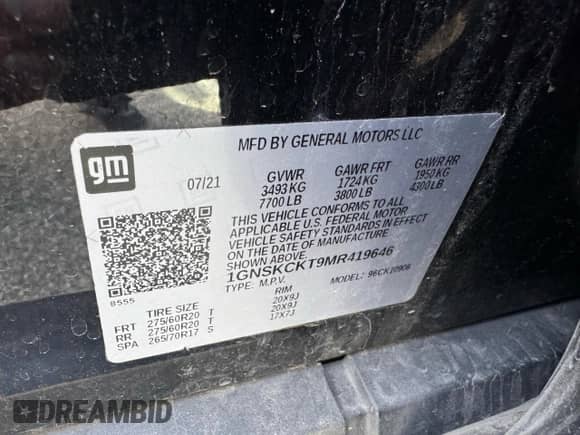 2021 Chevrolet Suburban LT с VIN 1GNSKCKT9MR419646, выставлен на аукционе Copart как лот 55378375 с пробегом 165 804 миль миль и Чистый • Clean title. История ставок и продаж доступна на DreamBid. Изображение 10.