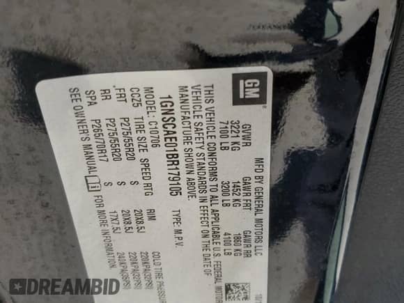 2011 Chevrolet Tahoe LS with VIN 1GNSCAE01BR179105, listed as a Copart auction lot 86249295 with 233,418 mi miles and Salvage title. Bid and sale history available at DreamBid. Image 13.