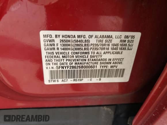 2006 Honda Pilot EX-L с VIN 5FNYF28626B000601, выставлен на аукционе Copart как лот 65686565 с пробегом 495 718 миль миль и Чистый • Clean title. История ставок и продаж доступна на DreamBid. Изображение 13.