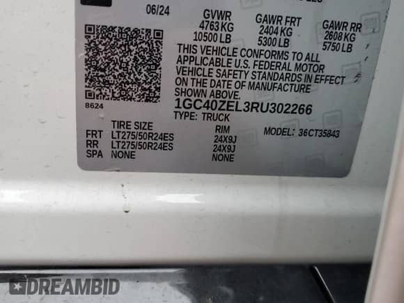 2024 CHEVROLET RST с VIN 1GC40ZEL3RU302266, выставлен на аукционе Copart как лот 85578714 с пробегом Не указан миль и Списание • Salvage title. История ставок и продаж доступна на DreamBid. Изображение 12.