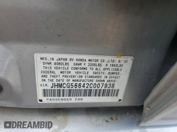 2002 Honda Accord EX с VIN JHMCG56642C007938, выставлен на аукционе Copart как лот 54190115 с пробегом 214 242 миль миль и Чистый • Clean title. История ставок и продаж доступна на DreamBid. Изображение 12.