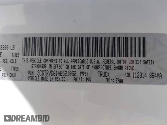 2017 Ram ProMaster Cargo with VIN 3C6TRVDG1HE521052, listed as a IAAI auction lot 42820251 with 96,619 mi miles and . Bid and sale history available at DreamBid. Image 9.