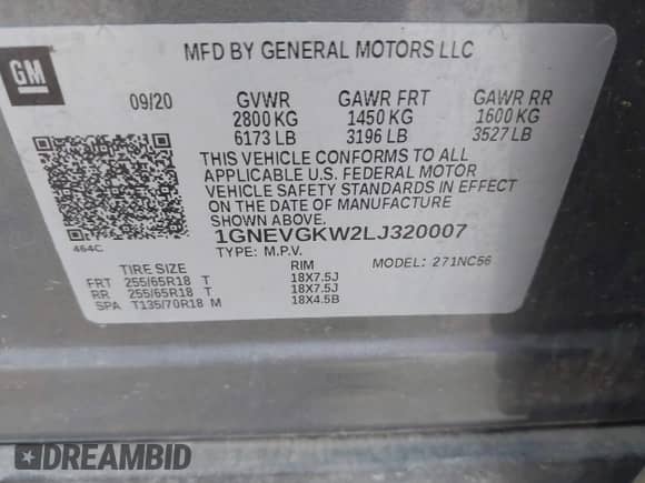 2020 Chevrolet Traverse LT Cloth с VIN 1GNEVGKW2LJ320007, выставлен на аукционе IAAI как лот 42862365 с пробегом 74 626 миль миль и . История ставок и продаж доступна на DreamBid. Изображение 9.