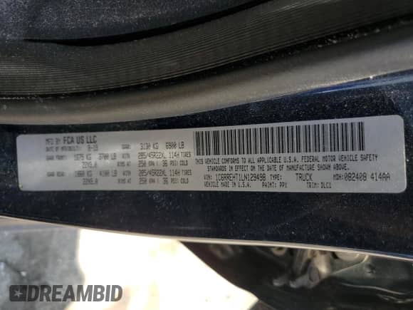 2020 Ram 1500 Limited с VIN 1C6RREHT1LN129498, выставлен на аукционе Copart как лот 57706815 с пробегом 66 394 миль миль и Списание • Salvage title. История ставок и продаж доступна на DreamBid. Изображение 12.