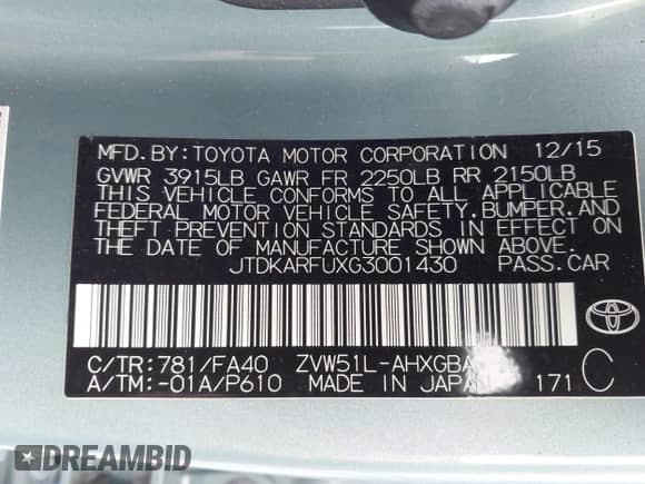 2016 Toyota Prius Three z VIN JTDKARFUXG3001430, wystawiony jako IAAI lot #43440709 z przebiegiem 108 295 mil mil oraz . Historia ofert i sprzedaży dostępna na DreamBid. Obrazek 9.