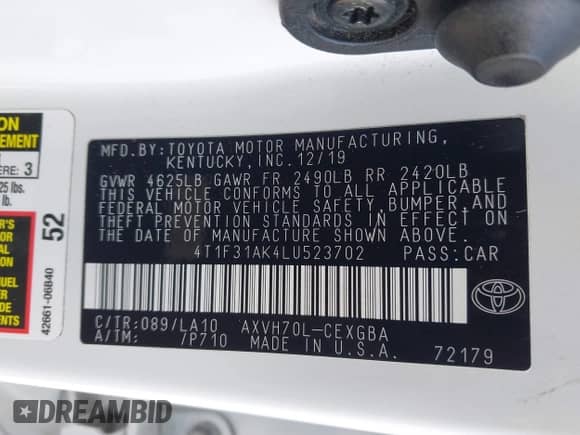 2020 Toyota Camry Hybrid XLE with VIN 4T1F31AK4LU523702, listed as a IAAI auction lot 42734831 with 144,778 mi miles and . Bid and sale history available at DreamBid. Image 9.