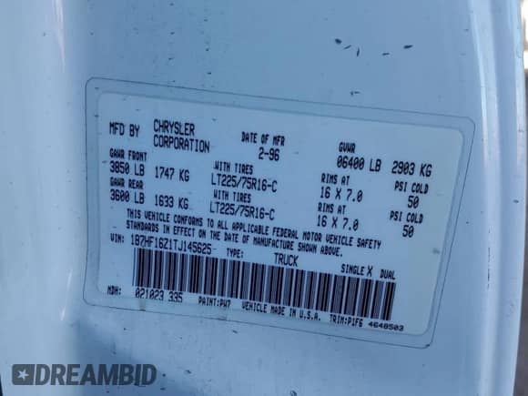 1996 Dodge 1500 with VIN 1B7HF16Z1TJ145625, listed as a Copart auction lot 45428985 with 126,610 mi miles and Salvage title. Bid and sale history available at DreamBid. Image 12.