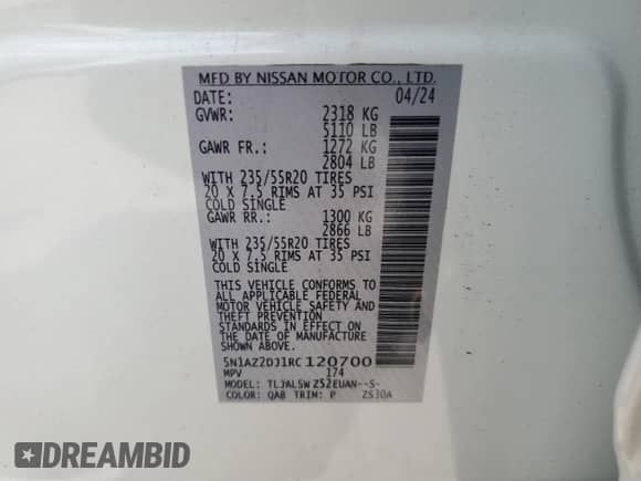 2024 Nissan Murano Platinum with VIN 5N1AZ2DJ1RC120700, listed as a Copart auction lot 72415664 with 2,487 mi miles and Salvage title. Bid and sale history available at DreamBid. Image 14.