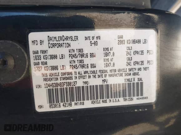 2003 Dodge Durango Sport with VIN 1D4HS38N83F590127, listed as a IAAI auction lot 42803945 with 182,785 mi miles and . Bid and sale history available at DreamBid. Image 9.