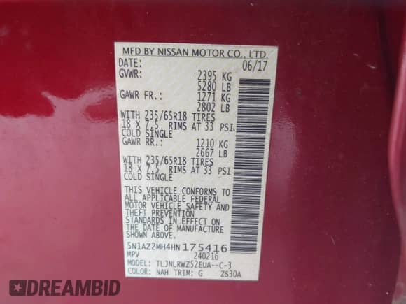 2017 Nissan Murano SL z VIN 5N1AZ2MH4HN175416, wystawiony jako IAAI lot #42345395 z przebiegiem 72 962 mil mil oraz . Historia ofert i sprzedaży dostępna na DreamBid. Obrazek 9.