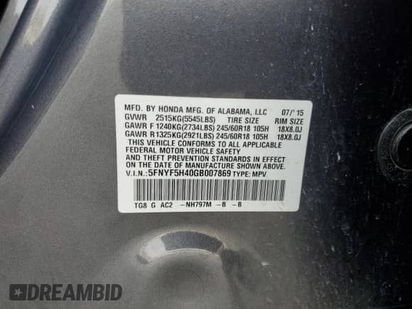 2016 Honda Pilot EX with VIN 5FNYF5H40GB007869, listed as a Copart auction lot 82674514 with 268,945 mi miles and Salvage title. Bid and sale history available at DreamBid. Image 13.
