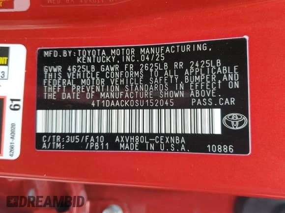 2025 Toyota Camry LE с VIN 4T1DAACK0SU152045, выставлен на аукционе Copart как лот 70890405 с пробегом 8 444 миль миль и Списание • Salvage title. История ставок и продаж доступна на DreamBid. Изображение 12.