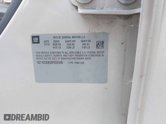 2013 Chevrolet Malibu LT with VIN 1G11C5SA5DF252045, listed as a IAAI auction lot 42921294 with 191,611 mi miles and . Bid and sale history available at DreamBid. Image 9.