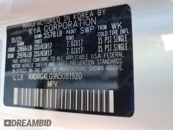 2022 Kia Sorento S с VIN KNDRG4LG9N5081920, выставлен на аукционе Copart как лот 63816975 с пробегом 121 971 миль миль и Списание • Salvage title. История ставок и продаж доступна на DreamBid. Изображение 13.