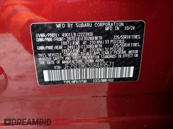 2025 Subaru Forester Limited z VIN JF2SLDRC5SH489571, wystawiony jako Copart lot #89181305 z przebiegiem 226 mil mil oraz Szkoda całkowita • Salvage title. Historia ofert i sprzedaży dostępna na DreamBid. Obrazek 12.