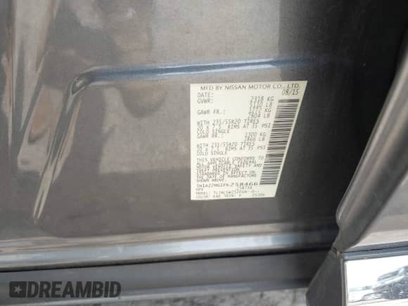 2015 Nissan Murano Platinum with VIN 5N1AZ2MG1FN258466, listed as a IAAI auction lot 42294149 with 74,720 mi miles and . Bid and sale history available at DreamBid. Image 9.