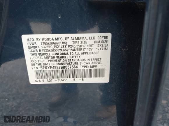 2009 Honda Pilot Touring with VIN 5FNYF48879B037564, listed as a IAAI auction lot 42683848 with 197,897 mi miles and . Bid and sale history available at DreamBid. Image 9.