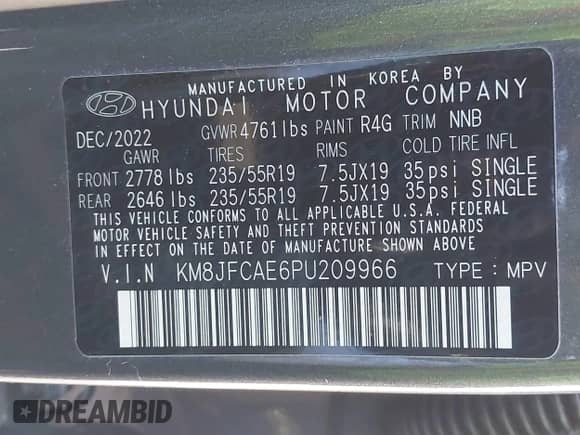 2023 Hyundai Tucson XRT with VIN KM8JFCAE6PU209966, listed as a IAAI auction lot 41761531 with 31,788 mi miles and . Bid and sale history available at DreamBid. Image 9.