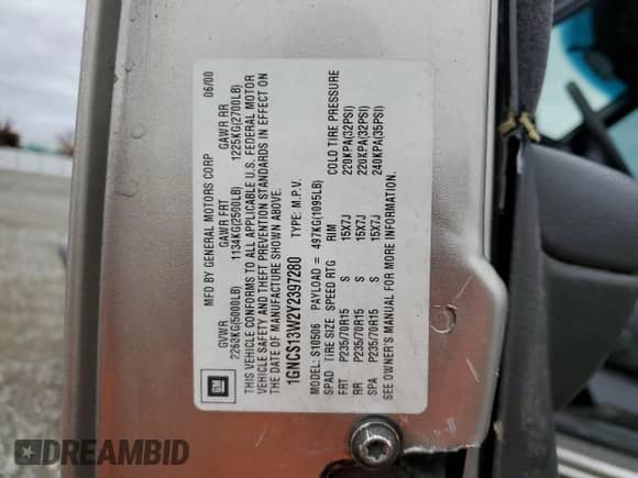 2000 Chevrolet Blazer LT with VIN 1GNCS13W2Y2397280, listed as a Copart auction lot 81970654 with 154,674 mi miles and Salvage title. Bid and sale history available at DreamBid. Image 12.