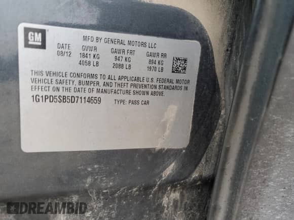 2013 Chevrolet Cruze 1LT with VIN 1G1PD5SB5D7114659, listed as a Copart auction lot 43516275 with 190,154 mi miles and Salvage title. Bid and sale history available at DreamBid. Image 12.