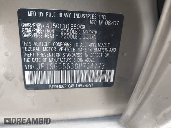 2008 Subaru Forester X with VIN JF1SG65638H724773, listed as a IAAI auction lot 43086167 with 192,291 mi miles and . Bid and sale history available at DreamBid. Image 9.