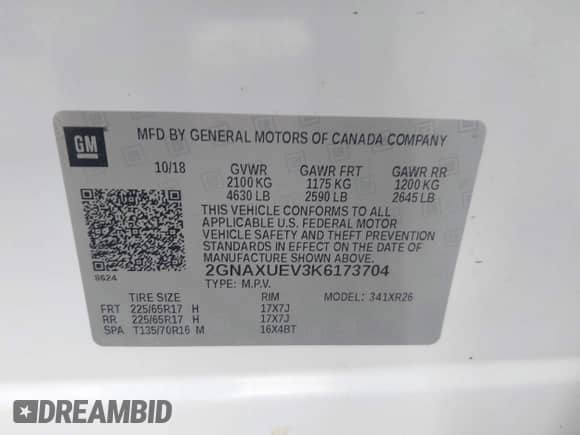 2019 Chevrolet Equinox LT с VIN 2GNAXUEV3K6173704, выставлен на аукционе IAAI как лот 43540501 с пробегом 60 587 миль миль и . История ставок и продаж доступна на DreamBid. Изображение 9.