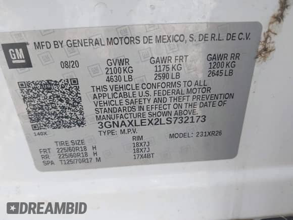 2020 Chevrolet Equinox LT с VIN 3GNAXLEX2LS732173, выставлен на аукционе IAAI как лот 42976783 с пробегом 94 145 миль миль и . История ставок и продаж доступна на DreamBid. Изображение 9.