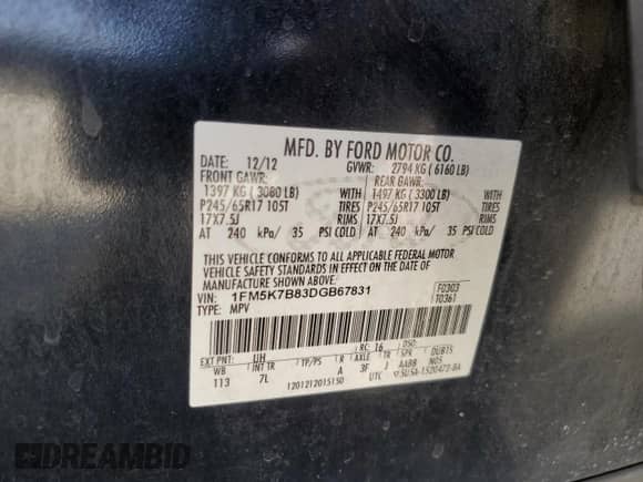 2013 Ford Explorer с VIN 1FM5K7B83DGB67831, выставлен на аукционе Copart как лот 65780655 с пробегом 146 026 миль миль и Списание • Salvage title. История ставок и продаж доступна на DreamBid. Изображение 13.