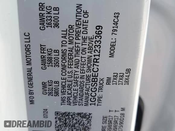 2024 Chevrolet Colorado 2WD Work Truck с VIN 1GCGSBEC7R1233369, выставлен на аукционе Copart как лот 90042455 с пробегом Не указан миль и Чистый • Clean title. История ставок и продаж доступна на DreamBid. Изображение 14.