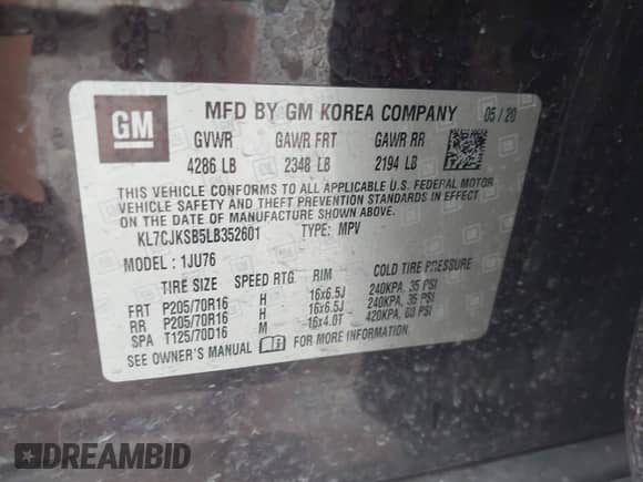 2020 Chevrolet Trax LS z VIN KL7CJKSB5LB352601, wystawiony jako IAAI lot #41950425 z przebiegiem 54 261 mil mil oraz . Historia ofert i sprzedaży dostępna na DreamBid. Obrazek 9.