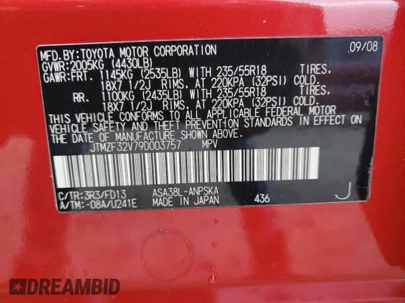 2009 Toyota RAV4 Sport with VIN JTMZF32V79D003757, listed as a Copart auction lot 81051445 with 241,386 mi miles and Salvage title. Bid and sale history available at DreamBid. Image 13.