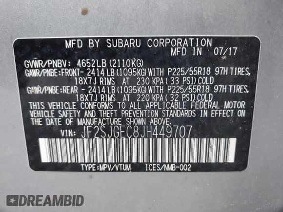 2018 Subaru Forester Premium with VIN JF2SJGEC8JH449707, listed as a IAAI auction lot 42646139 with 103,000 mi miles and . Bid and sale history available at DreamBid. Image 9.