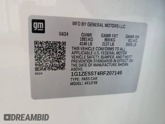 2024 Chevrolet Malibu LT с VIN 1G1ZE5ST4RF207149, выставлен на аукционе Copart как лот 84596215 с пробегом 35 009 миль миль и Списание • Salvage title. История ставок и продаж доступна на DreamBid. Изображение 12.