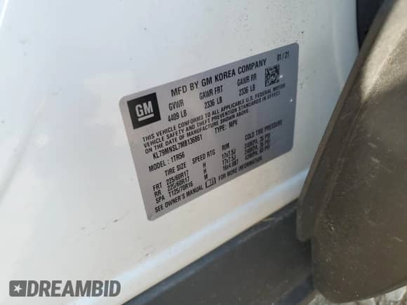 2021 Chevrolet TrailBlazer LS with VIN KL79MNSL7MB136861, listed as a Copart auction lot 63011545 with 40,608 mi miles and Salvage title. Bid and sale history available at DreamBid. Image 13.