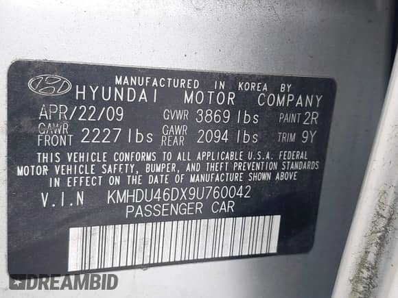 2009 Hyundai Elantra GLS z VIN KMHDU46DX9U760042, wystawiony jako IAAI lot #43471067 z przebiegiem 121 254 mil mil oraz . Historia ofert i sprzedaży dostępna na DreamBid. Obrazek 9.