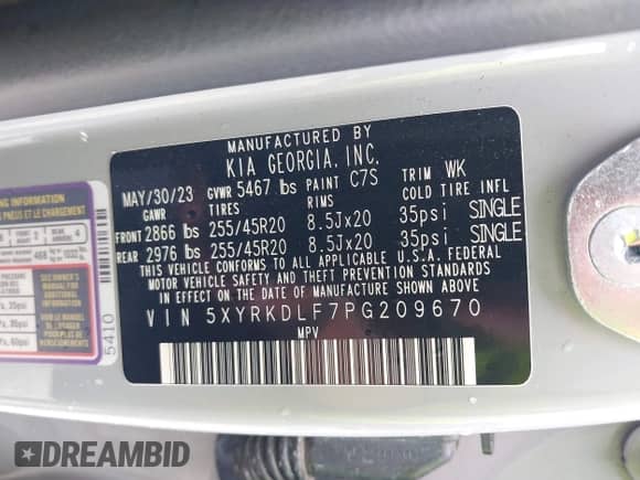 2023 Kia Sorento X-Line SX Prestige with VIN 5XYRKDLF7PG209670, listed as a IAAI auction lot 42383646 with 39,100 mi miles and . Bid and sale history available at DreamBid. Image 9.