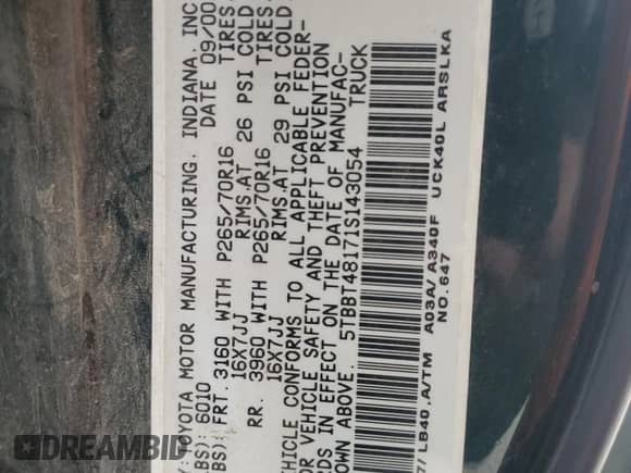 2001 Toyota Tundra Limited z VIN 5TBBT48171S143054, wystawiony jako Copart lot #71740305 z przebiegiem 121 330 mil mil oraz Czysty tytuł • Clean title. Historia ofert i sprzedaży dostępna na DreamBid. Obrazek 12.