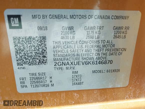 2019 Chevrolet Equinox LT with VIN 2GNAXUEV6K6146870, listed as a IAAI auction lot 42892090 with 70,390 mi miles and . Bid and sale history available at DreamBid. Image 9.