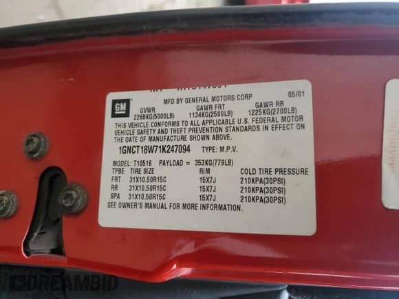 2001 Chevrolet Blazer LS z VIN 1GNCT18W71K247094, wystawiony jako Copart lot #53748065 z przebiegiem 145 695 mil mil oraz Szkoda całkowita • Salvage title. Historia ofert i sprzedaży dostępna na DreamBid. Obrazek 12.