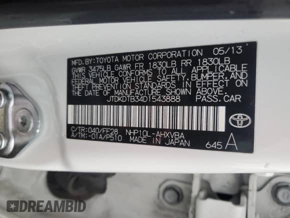 2013 Toyota Prius Three with VIN JTDKDTB34D1543888, listed as a Copart auction lot 90397255 with 57,781 mi miles and Clean title. Bid and sale history available at DreamBid. Image 12.