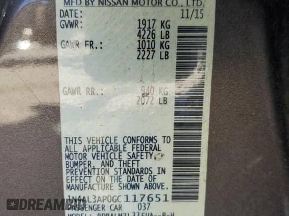 2016 Nissan Altima SR with VIN 1N4AL3AP0GC117651, listed as a Copart auction lot 86687115 with 164,256 mi miles and Salvage title. Bid and sale history available at DreamBid. Image 12.