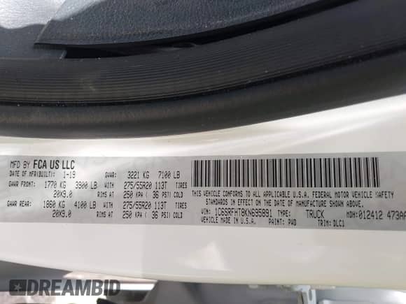 2019 Ram 1500 Limited z VIN 1C6SRFHT8KN695891, wystawiony jako IAAI lot #42529149 z przebiegiem 98 373 mil mil oraz . Historia ofert i sprzedaży dostępna na DreamBid. Obrazek 9.