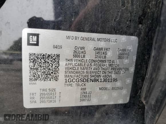 2019 Chevrolet Colorado 2WD Z71 с VIN 1GCGSDEN8K1301195, выставлен на аукционе Copart как лот 54795005 с пробегом 77 160 миль миль и Списание • Salvage title. История ставок и продаж доступна на DreamBid. Изображение 13.