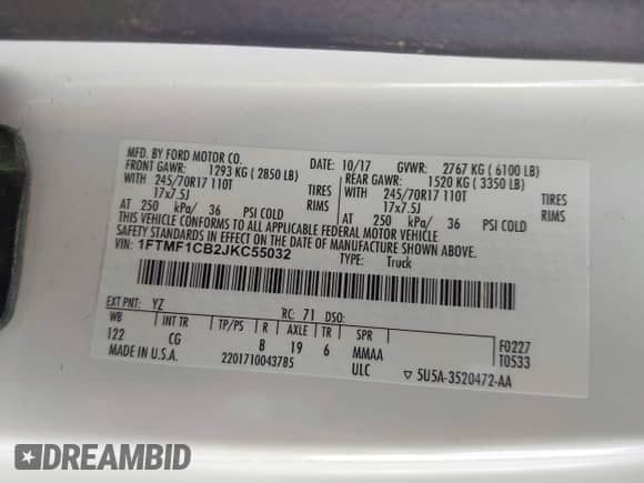 2018 Ford F-150 XL z VIN 1FTMF1CB2JKC55032, wystawiony jako IAAI lot #42788757 z przebiegiem 107 335 mil mil oraz . Historia ofert i sprzedaży dostępna na DreamBid. Obrazek 9.