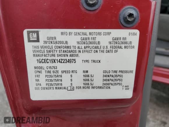 2004 Chevrolet Silverado 1500 с VIN 1GCEC19X14Z234975, выставлен на аукционе Copart как лот 82243365 с пробегом Не указан миль и Списание • Salvage title. История ставок и продаж доступна на DreamBid. Изображение 12.