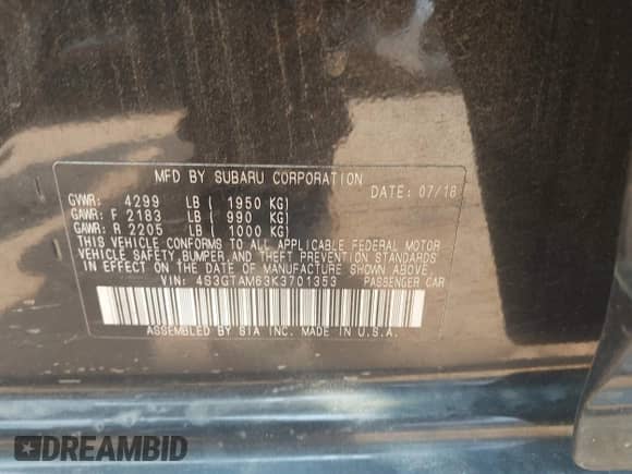 2019 Subaru Impreza Special Sports with VIN 4S3GTAM63K3701353, listed as a IAAI auction lot 42396623 with 62,795 mi miles and . Bid and sale history available at DreamBid. Image 9.